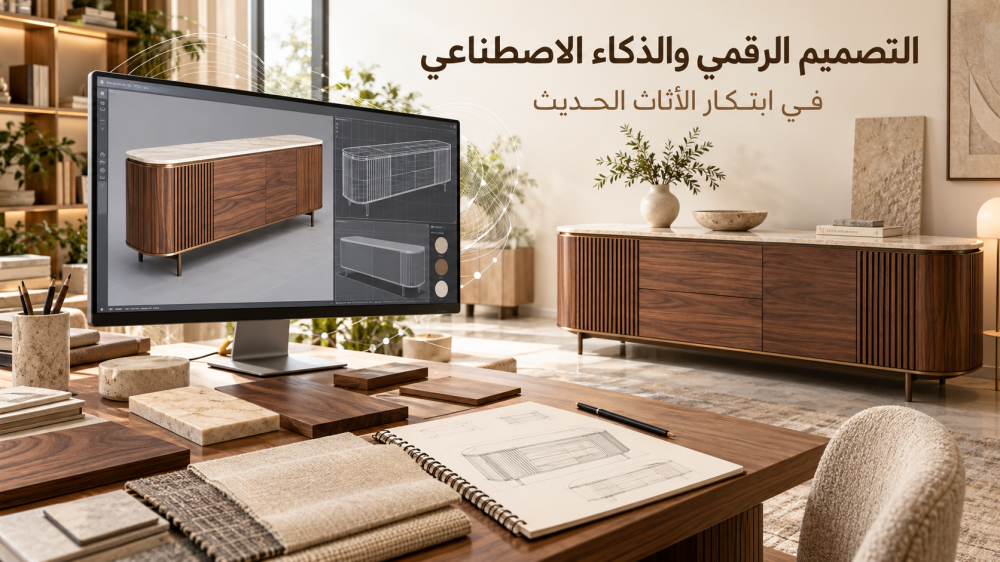 تصميم بوفيه خشبي ثلاثي الأبعاد على شاشة، بجانب الموديل النهائي