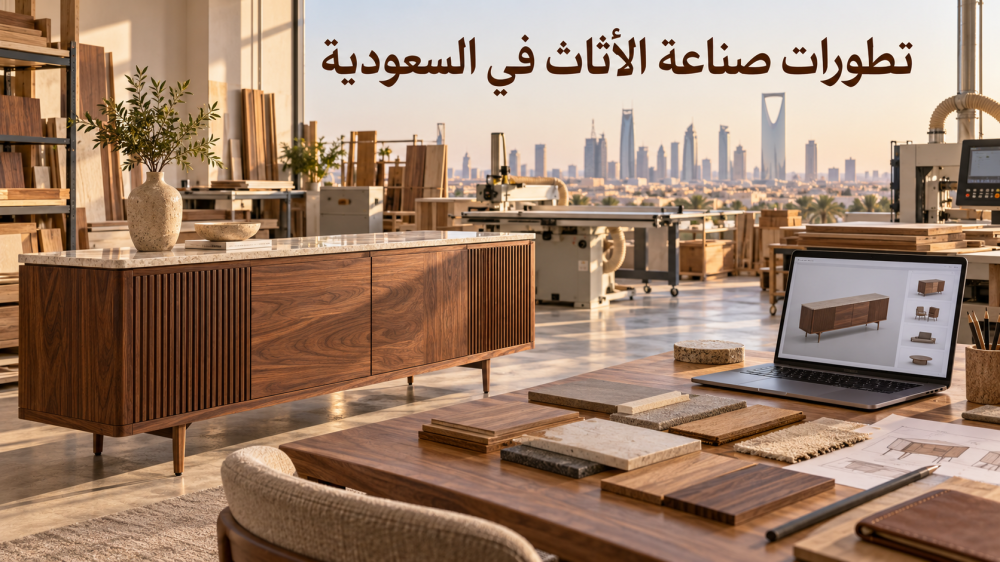 تصنيع الأثاث حسب الطلب في السعودية مع عينات خشب وأسطح وتصميم رقمي