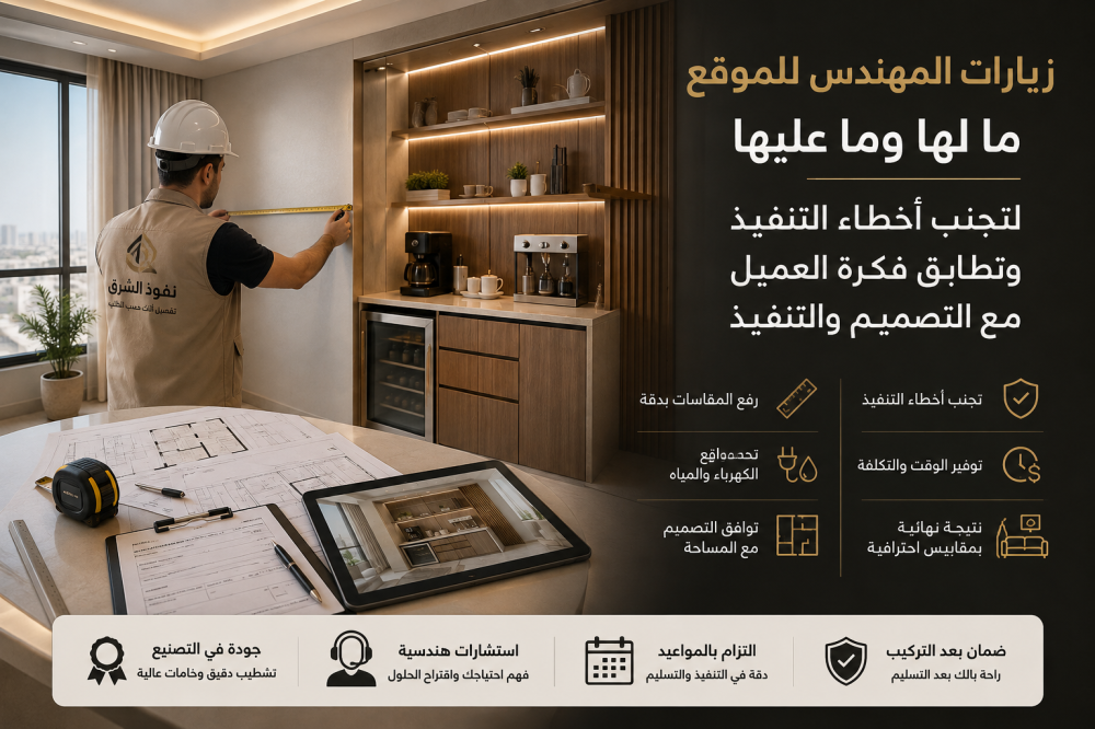 زيارة مهندس للموقع لرفع المقاسات وتجنب أخطاء تنفيذ الأثاث حسب الطلب في