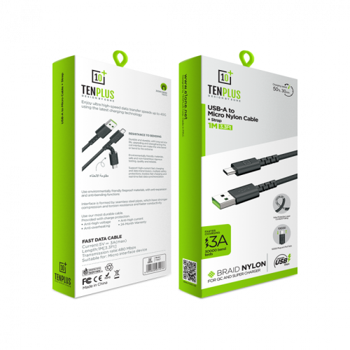 كيبل شحن مايكرو USB قماش مقاوم للقطع TENPLUS