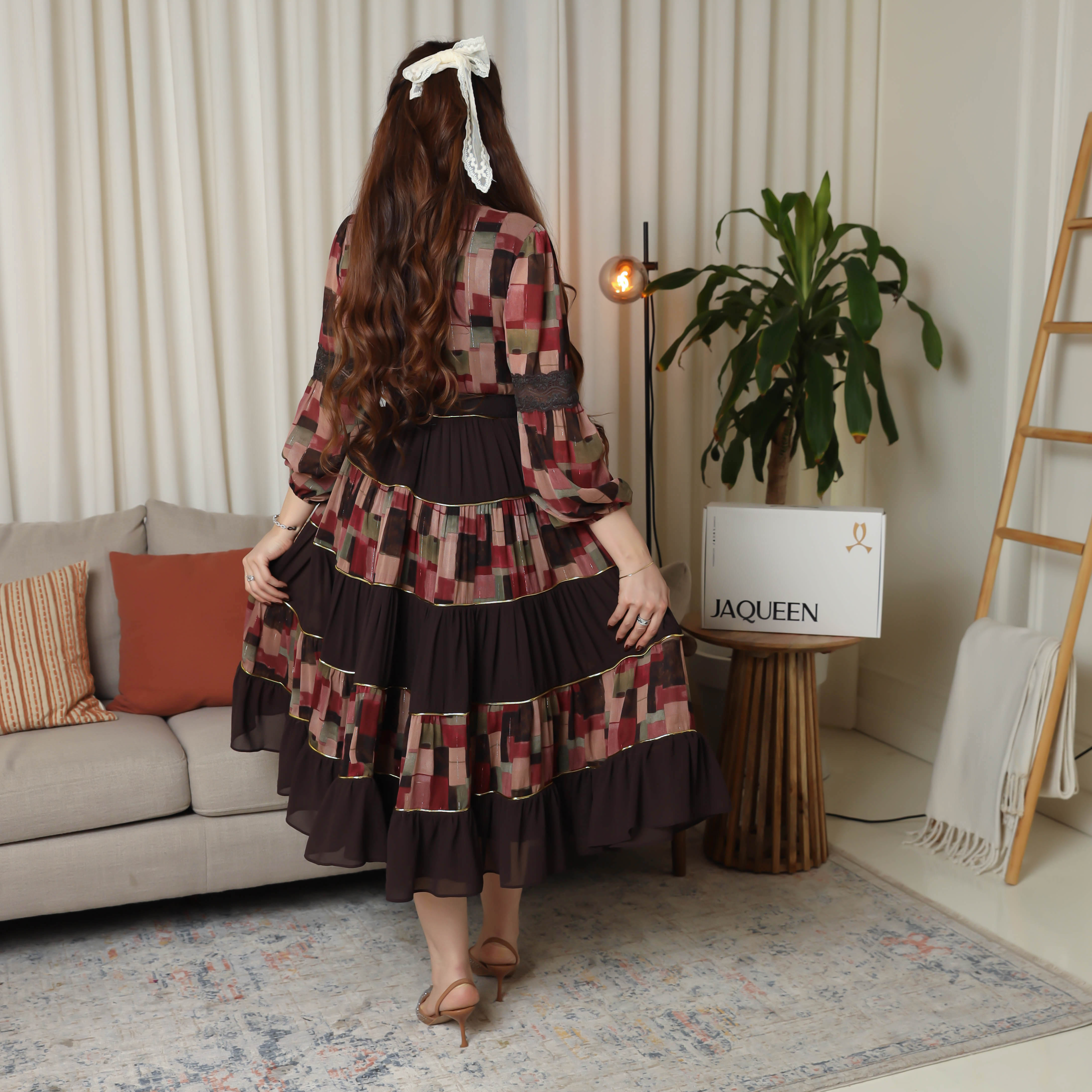 Geometric print midi dress with ruffle detail