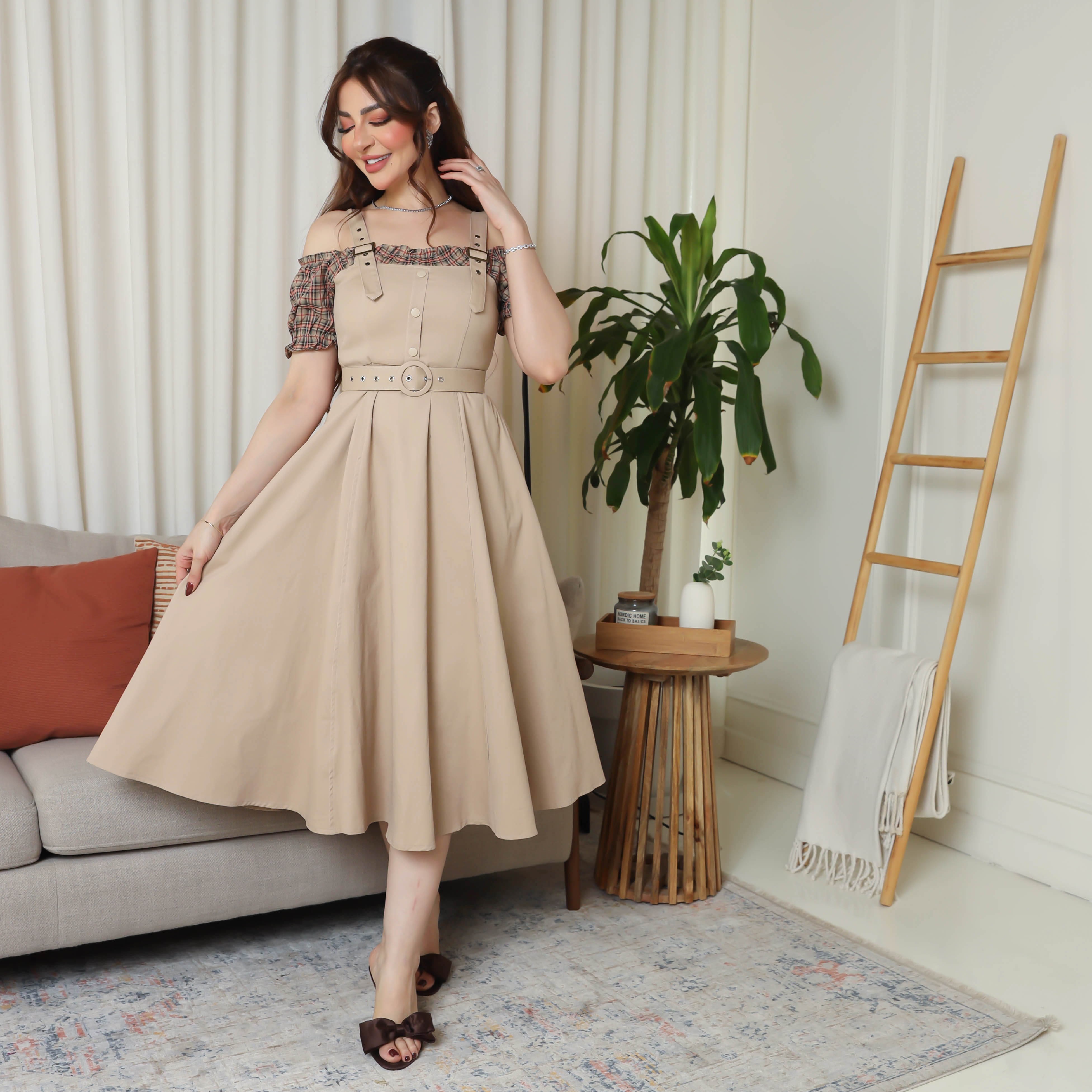 andmary belle checked dress beige アンドマリー Mary's - MQ2136 | Estelle's Dressy Dresses