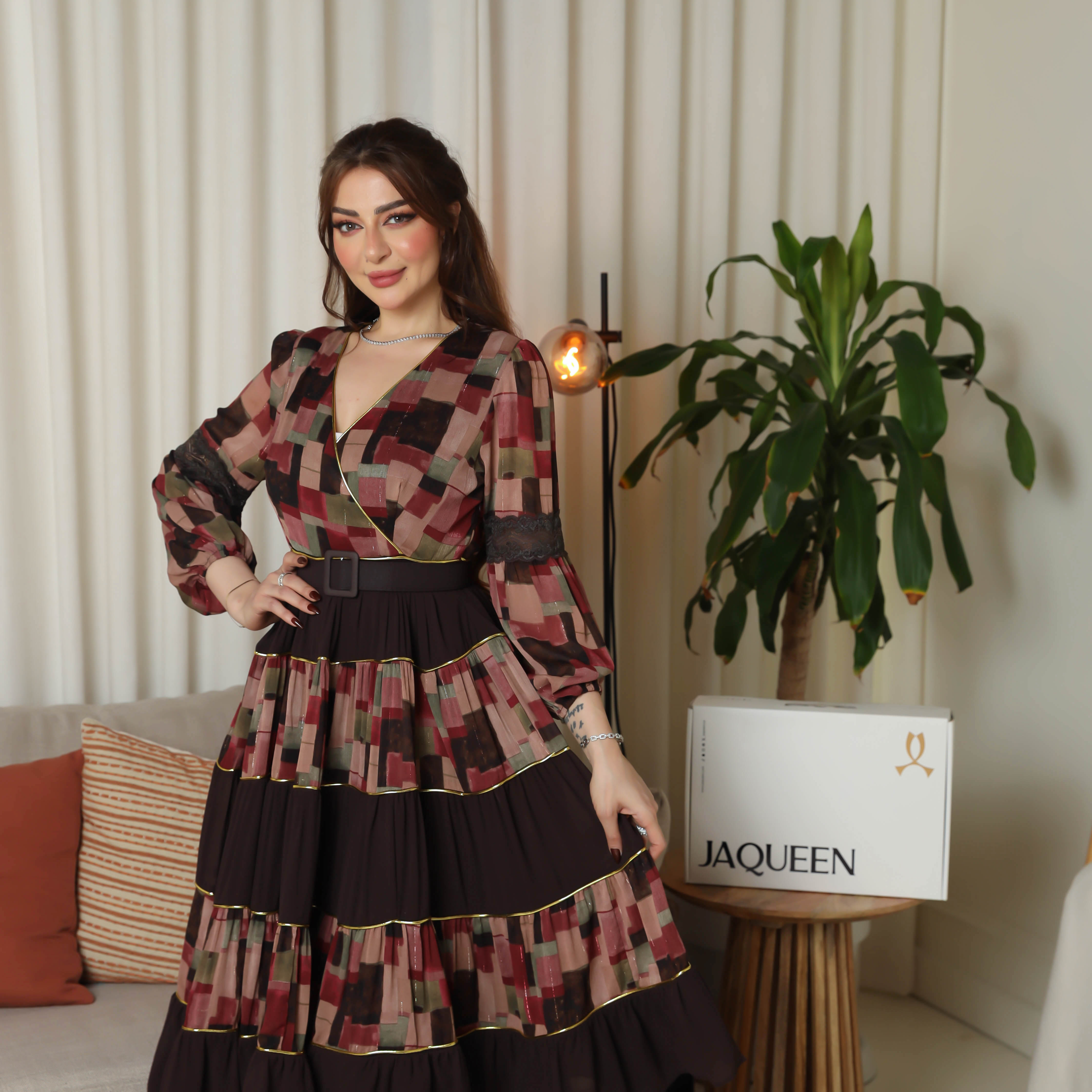 Geometric print midi dress with ruffle detail