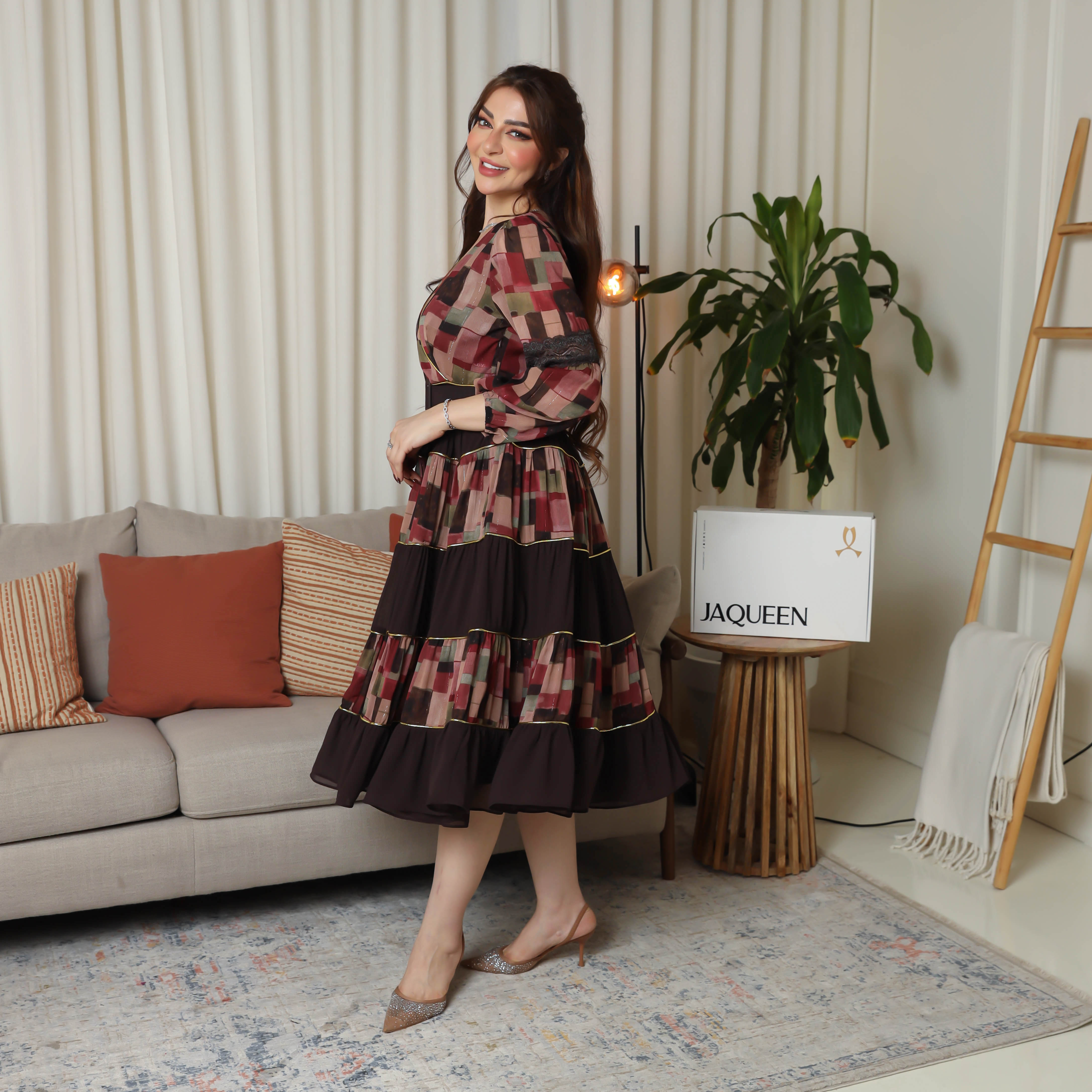 Geometric print midi dress with ruffle detail