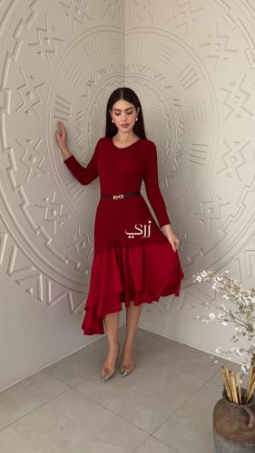 فستان رافلز احمر فري سايز - عنابي