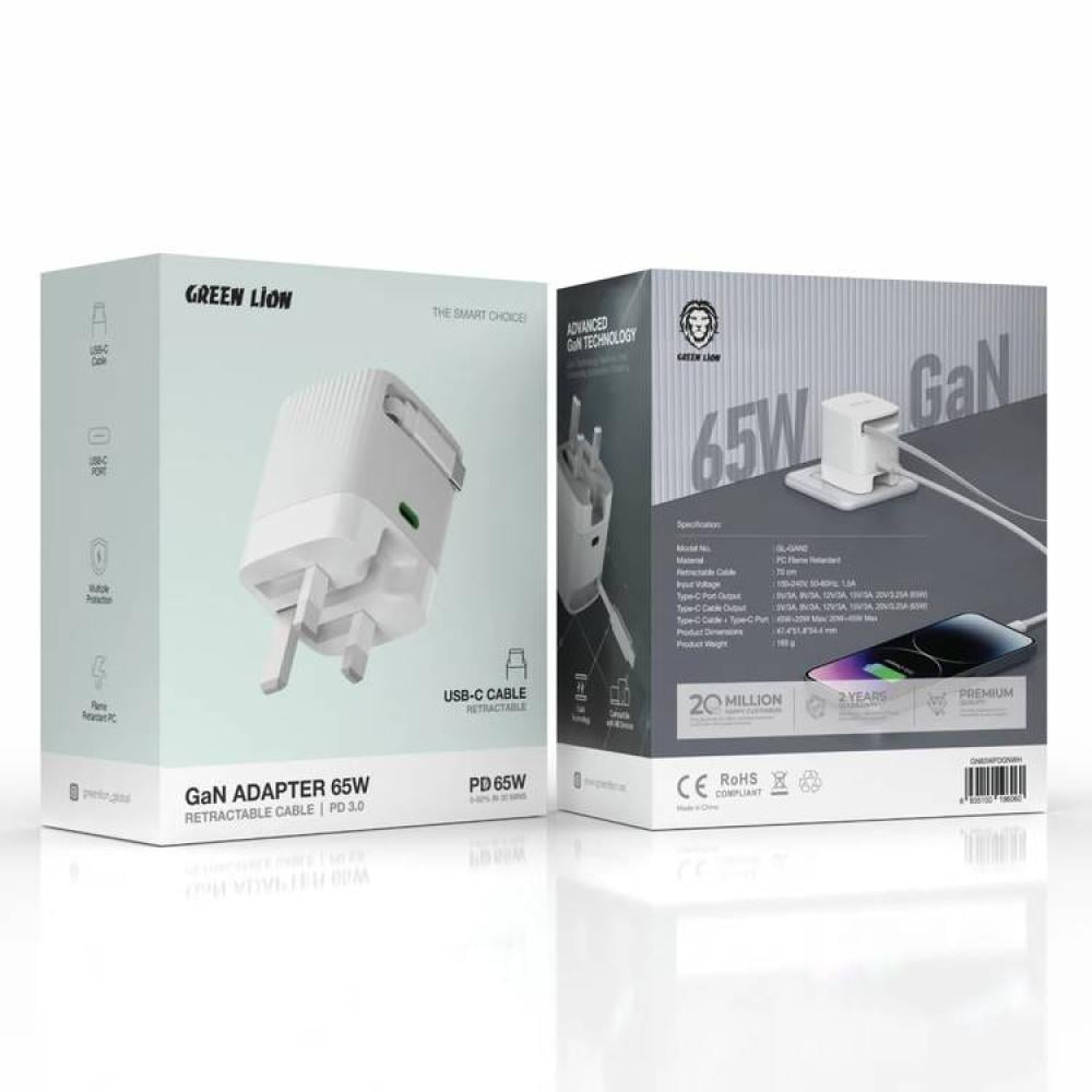 شاحن حائط Green Lion Gan 65 واط كابل قابل للسحب PD 3.0