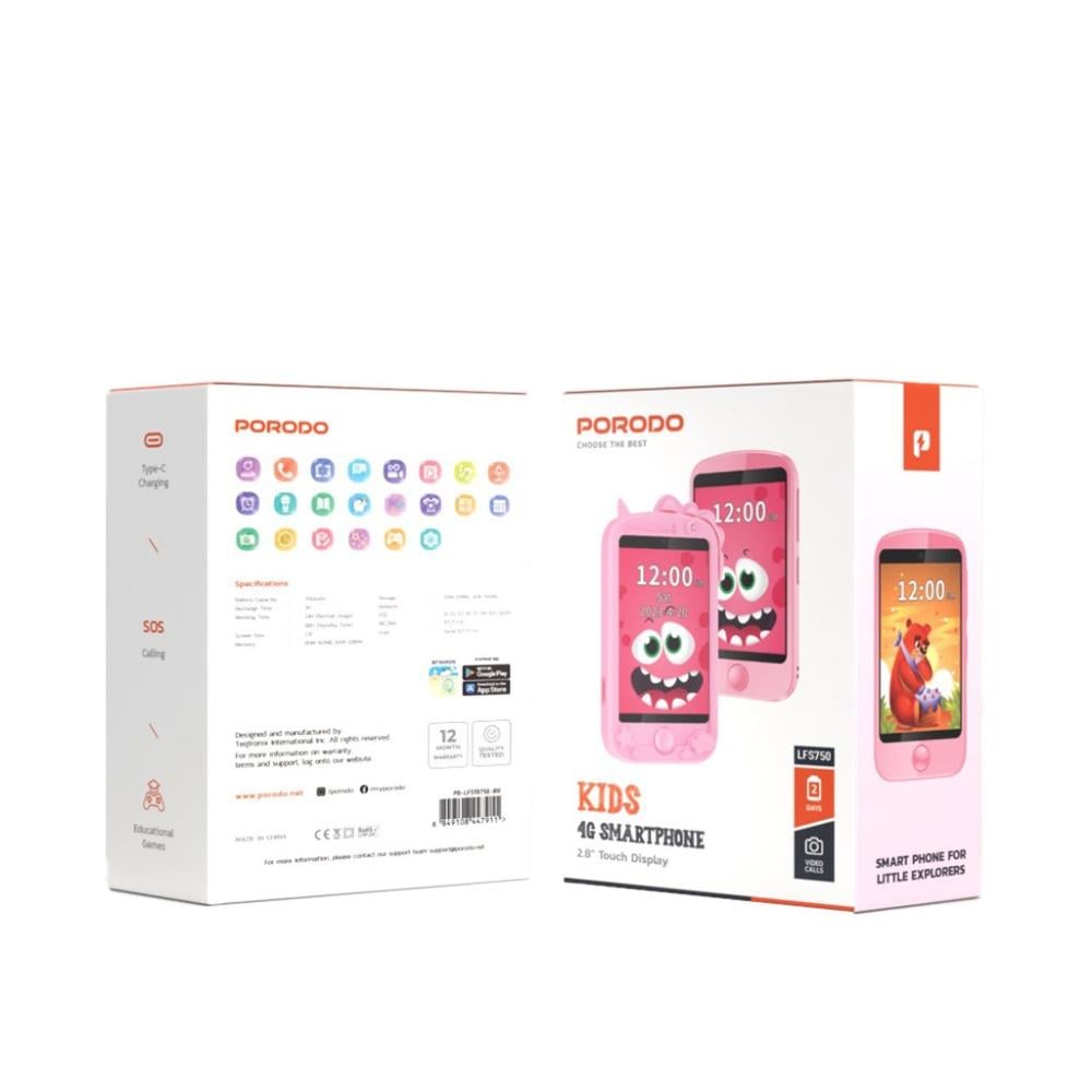 هاتف Porodo الذكي للأطفال – شاشة 2.8 بوصة، دعم 4G، مكالمات فيديو، بطارية 700mAh