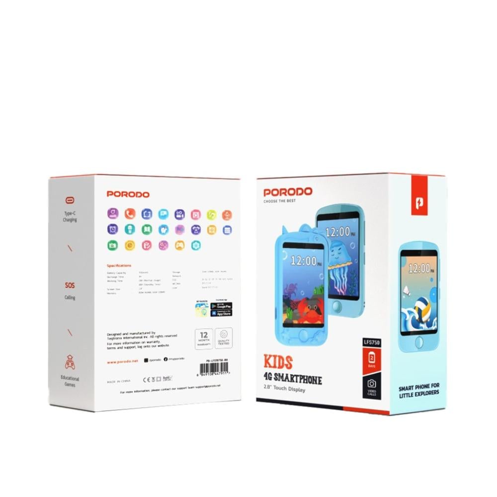 هاتف Porodo الذكي للأطفال – شاشة 2.8 بوصة، دعم 4G، مكالمات فيديو، بطارية 700mAh