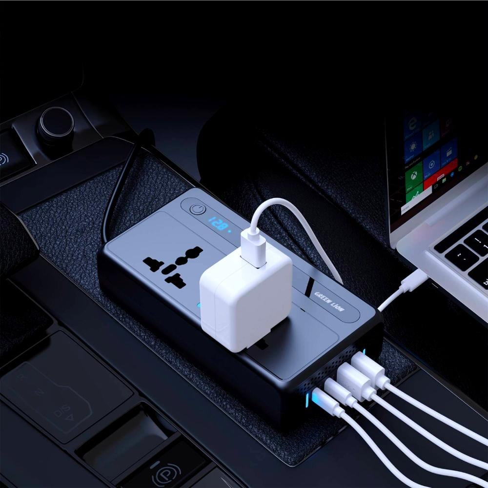 محول طاقة السيارة Green Lion GC-250 – 200 واط مع مروحة تبريد، شاشة LED، مقابس عالمية، وحماية متعددة