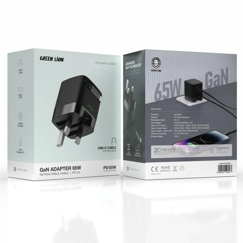 شاحن حائط Green Lion Gan 65 واط كابل قابل للسحب PD 3.0