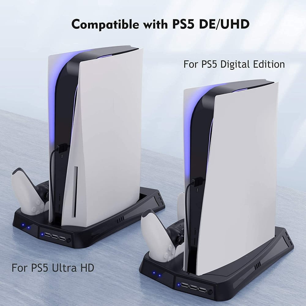 PS5 Stand and Cooling Station with Dual Controller Charging Station for  Playstation 5 Console, PS5 Accessories Incl. Controller Charger, Cooling