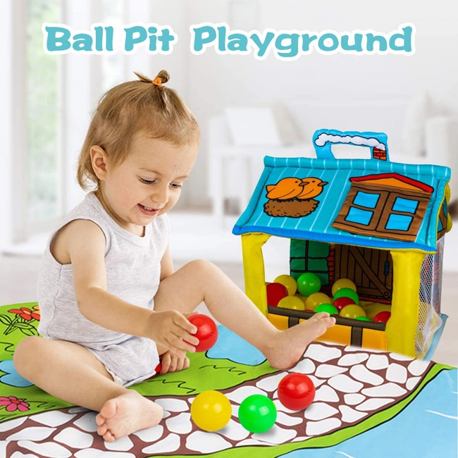 مساحة لعب للأطفال للأنشطة مع منزل تخزين 30 كرة و5 ألعاب معلقة ، بساط لعب مناسب للأطفال في عمر الزحف
