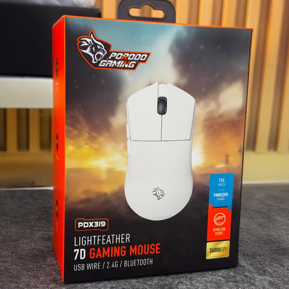 ماوس الألعاب بورودو 3 في 1 لايت فيذر 7D – حساس PMW3395، مفاتيح TTC، دقة 26000 DPI – أبيض