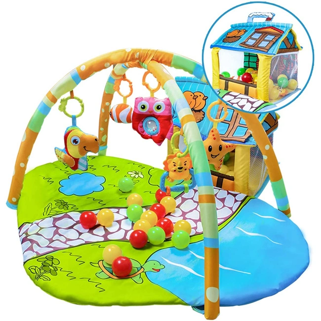 مساحة لعب للأطفال للأنشطة مع منزل تخزين 30 كرة و5 ألعاب معلقة ، بساط لعب مناسب للأطفال في عمر الزحف