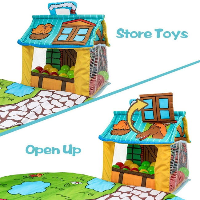 مساحة لعب للأطفال للأنشطة مع منزل تخزين 30 كرة و5 ألعاب معلقة ، بساط لعب مناسب للأطفال في عمر الزحف