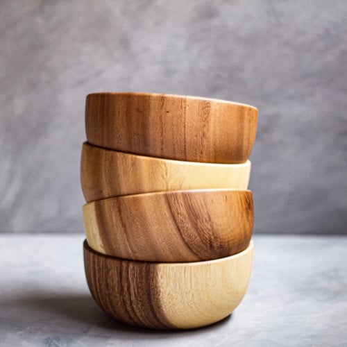 وعاء (طبق) خشبي غامق عميق مصنوع من خشب الاكاسيا الفاخر مناسب لجمع البن