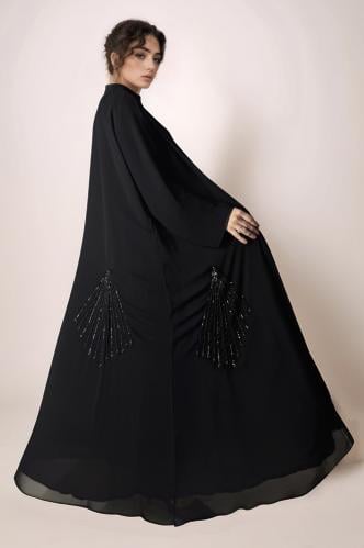 عباية شيفون مبطن مع شك خرز  أسود  (272)