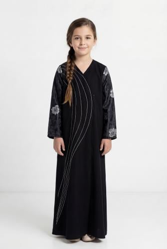 عباية بناتي بتطريز منحنيات و أكمام جاكار  #261