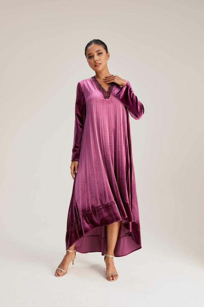 Velvet dress with crystal-embellished collar سنبل SONBOL