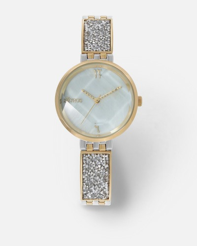 ‎ ساعة نسائية باللون الذهبي والفضي مع سوار مرصع بفصوص الزركون من زايروس  |  ZAO017L060629W