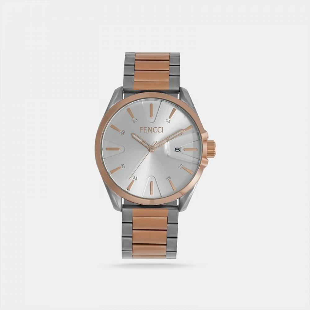 ‎ ساعة رجالية بسوار من الستيل الفضي والروز قولد بتصميم عصري  |  FAS012M282811