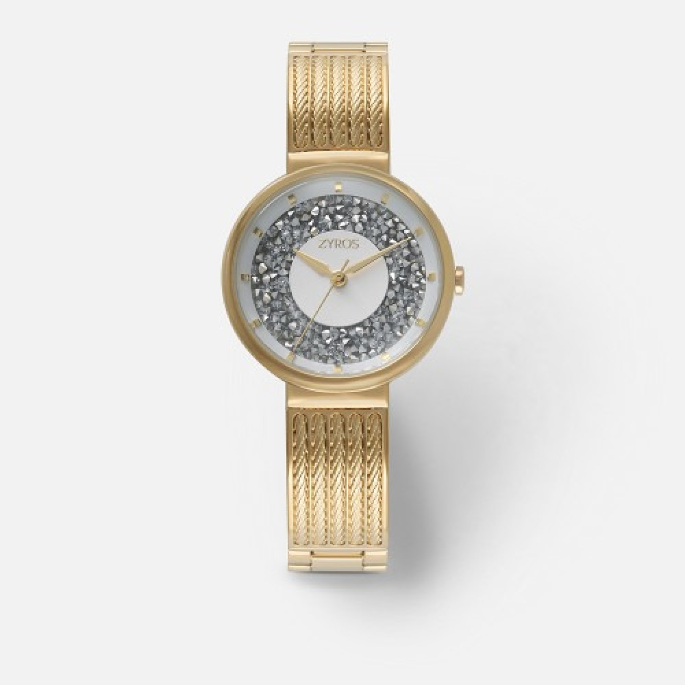 ‎ ساعه نسائية  ذهبيه مع ميناء أبيض محشو بفصوص الزركون البراقة من زايروس  |  ZAZ295L010111W