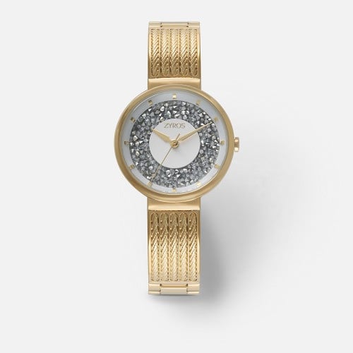 ‎ ساعه نسائية  ذهبيه مع ميناء أبيض محشو بفصوص الزركون البراقة من زايروس  |  ZAZ295L010111W