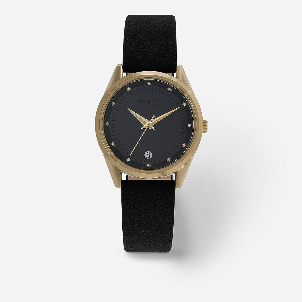 ‎ ساعة زايروس النسائية بسوار من الجلد باللون الأسود  |  ZAL061L010202