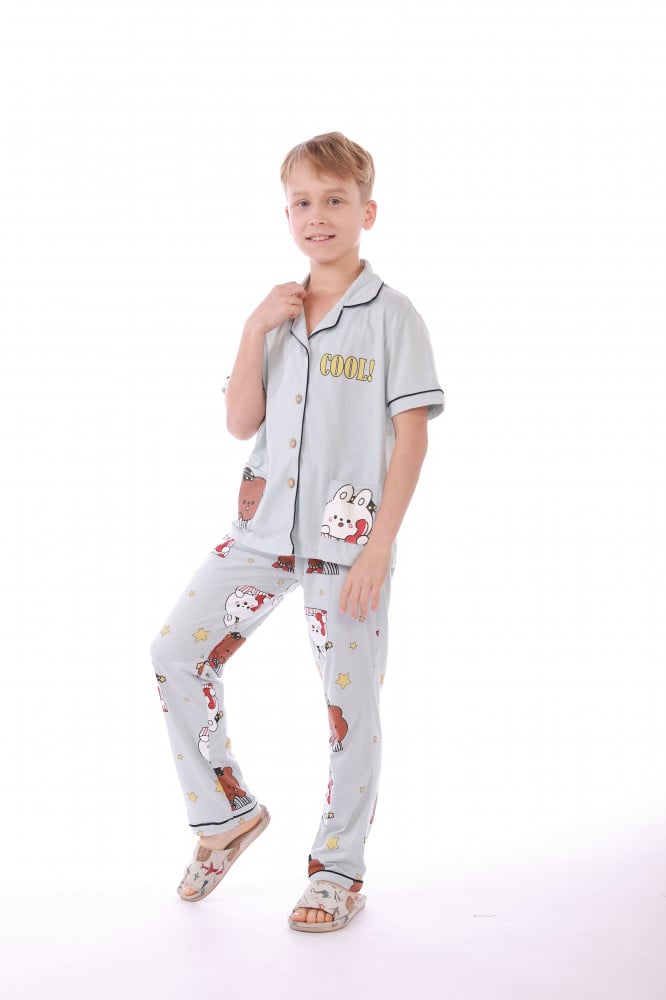 Boys button down pajama set with cute cartoon prints