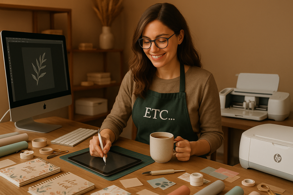 فتاة تعمل في ورشة تصميم قرطاسية وتوزيعات