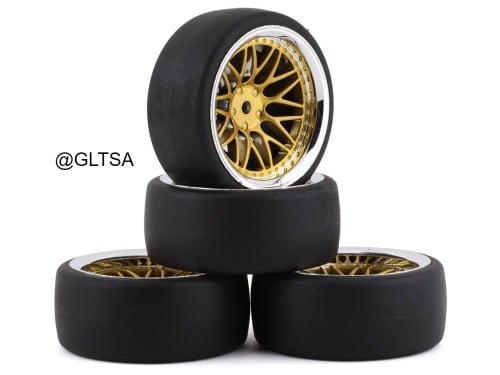 Yeah Racing Spec D Pre-Mounted Drift Tires w/LS Mesh Wheels (Chrome/Gold) (4) w/12mm Hex & 6mm Offset for RC YEA-WL-0099