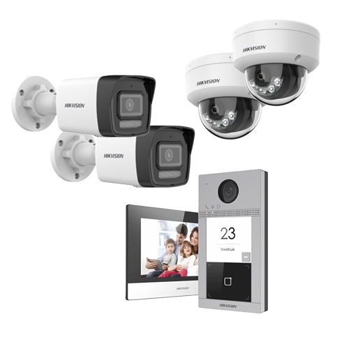 بكج كامل من Hikvision (4 كاميرات IP للمراقبة الداخلية والخارجية بدقة 6MP + جهاز تسجيل 4 قنوات + Hard 1TB + أنتركوم Door Station )