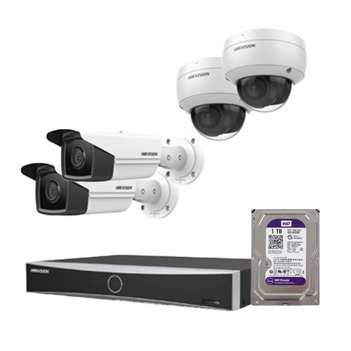 بكج كامل  Hikvision ( 4 كاميرات IP للمراقبة الخارجية والداخلية بدقة 8MP + جهاز تسجيل  4 قنوات + Hard  1TB  )