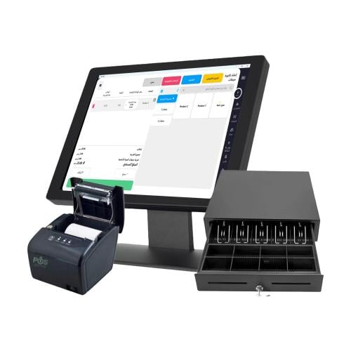 كاشير one pos core i5 مع طابعة فواتير حرارية onepos usb ودرج كاشير مع الباقة الاقتصادية من برنامج اصل المحاسبي