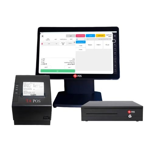 كاشير TA-POS Core i3 مع طابعة فواتير حرارية TA-POS 900U USB ودرج كاشير 5 خانات TA-POS 4043 مع باقة  من برنامج اصل المحاسبي