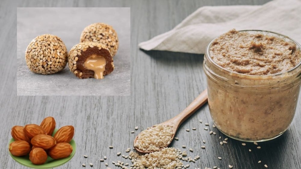 كرات تمر محشوة بالطحينة ومغطاة بالسمسم