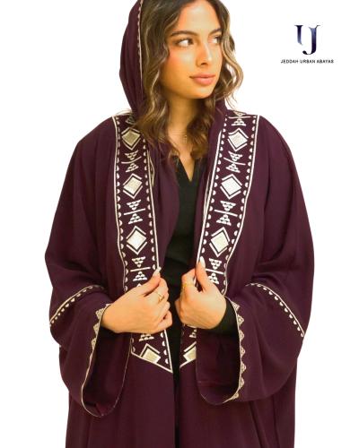 عباية كريب عنابي تطريز خيط مع طرحة مطرزة