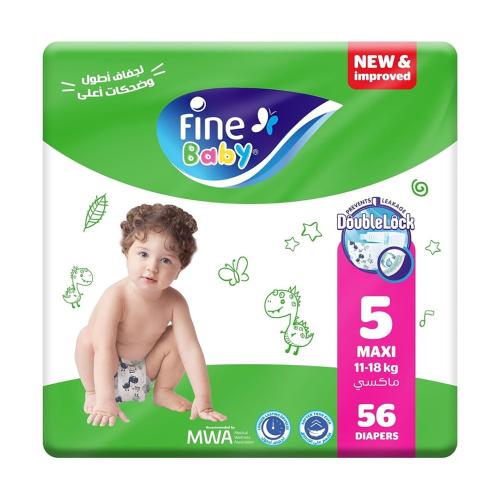 فاين بيبى، حفاضات أطفال مقاس رقم 5 11-18 كجم - 56 قطعة