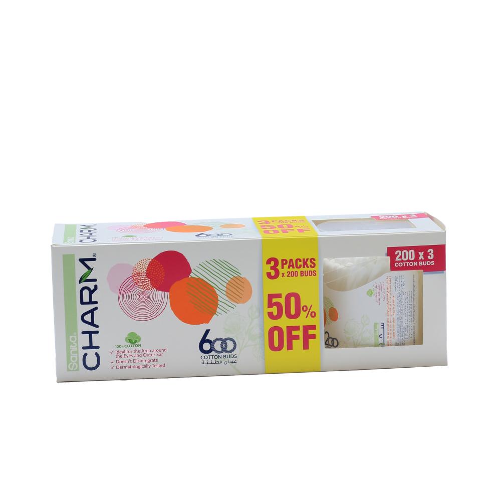Sanita Charm Ear Round 200 Cotton Buds 3 X 100 Pcs