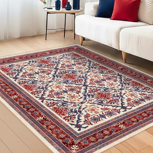 سجادة كليم | نقشة هندسية بألوان أحمر قرمزي وكحلي وعاجي | سجادة ذات طابع شرقي جريء لغرف المعيشة