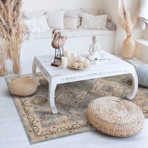 سجادة بتصميم شرقي هندسي – لون بيج و رمادي زيتي – طراز كلاسيكي أنيق لغرف المعيشة والممرات - مانعة للانزلاق وسهلة التنظيف