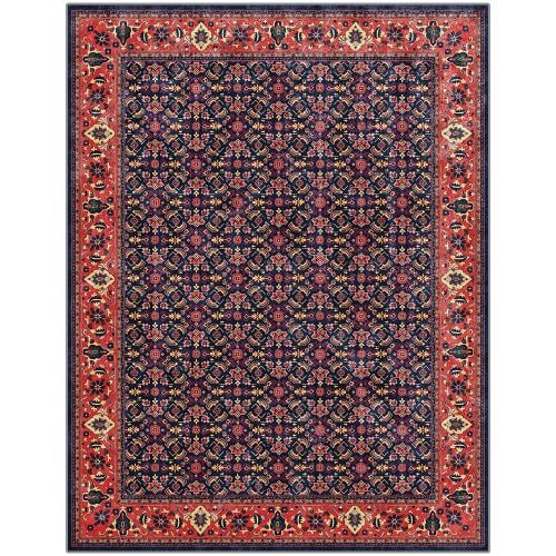 Classic Oriental Pattern Rug - Dark Navy with Red Ornate Border - Elegant Iranian Design for Living Rooms - 200 x 260 cm