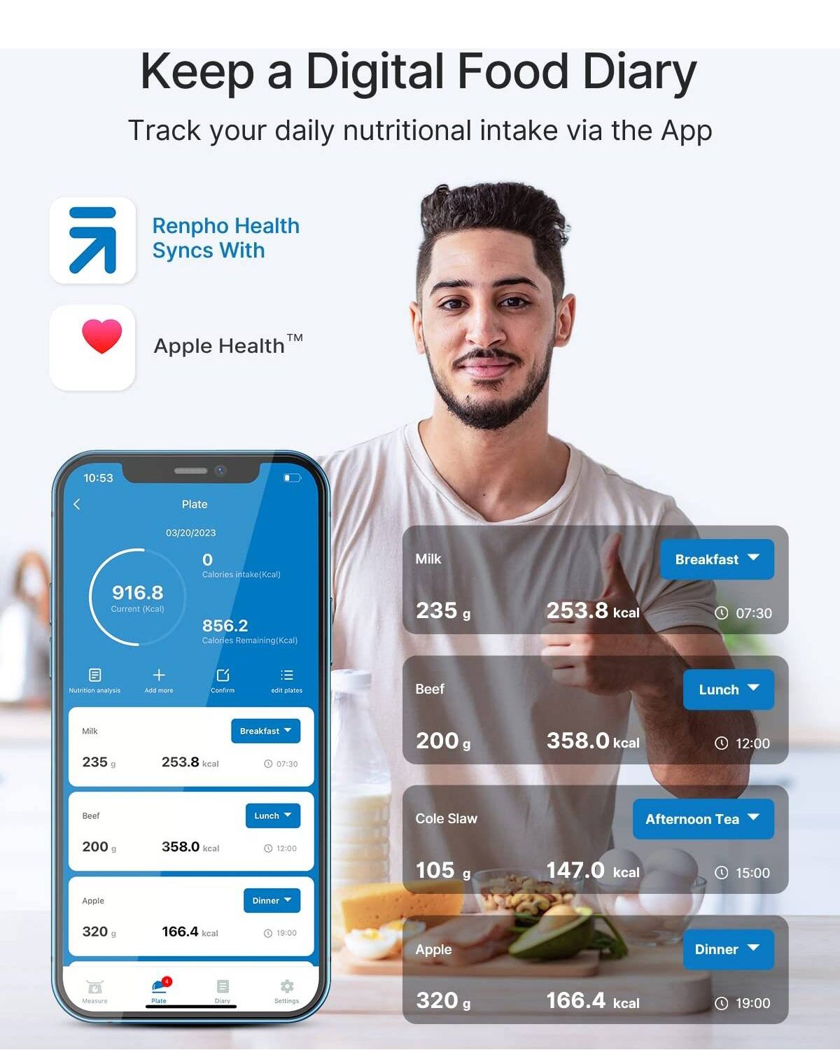 ميزان طعام ذكي يوفر لك حاسبة غذائية للسعرات والدهون والبروتين والكربوهيدرات والفيتامينات مع إمكانية حفظ البيانات