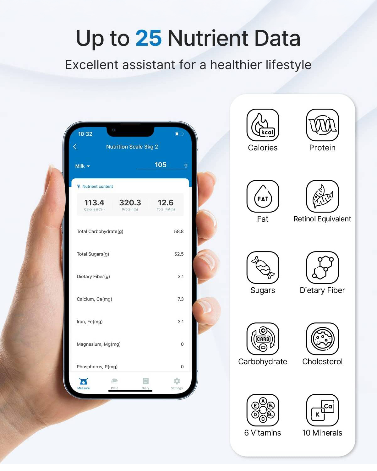 ميزان طعام ذكي يوفر لك حاسبة غذائية للسعرات والدهون والبروتين والكربوهيدرات والفيتامينات مع إمكانية حفظ البيانات