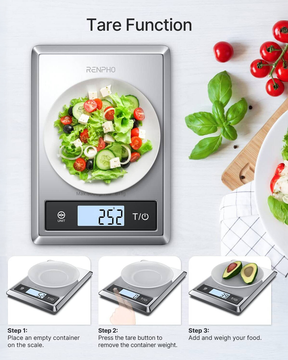 ميزان طعام ذكي يوفر لك حاسبة غذائية للسعرات والدهون والبروتين والكربوهيدرات والفيتامينات مع إمكانية حفظ البيانات