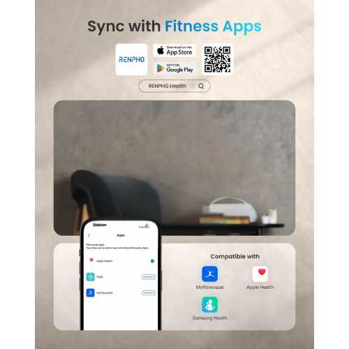 يتم ربط جهاز الميزان الذكى من RENPHO ب تطبيق متوفر على IOS ANDROID