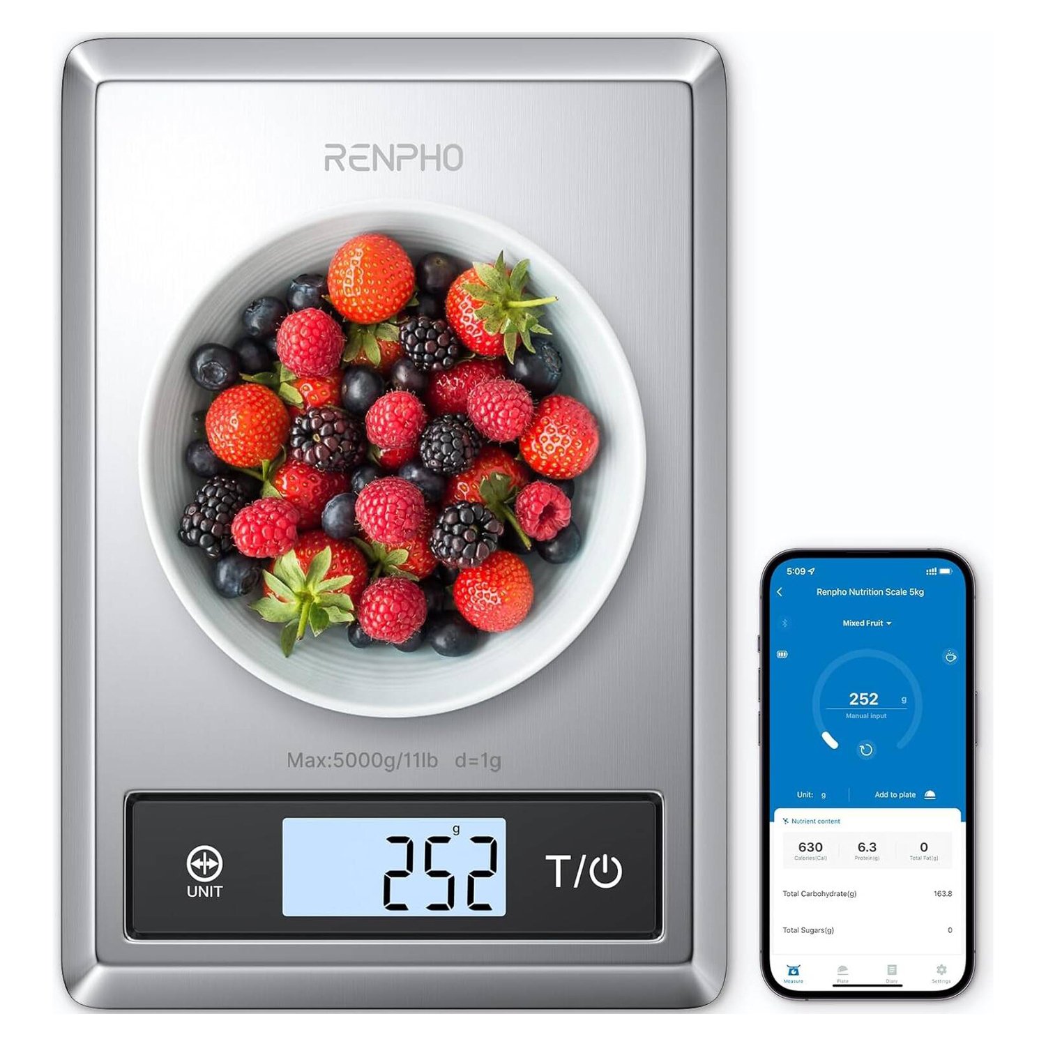 ميزان طعام ذكي يوفر لك حاسبة غذائية للسعرات والدهون والبروتين والكربوهيدرات والفيتامينات مع إمكانية حفظ البيانات