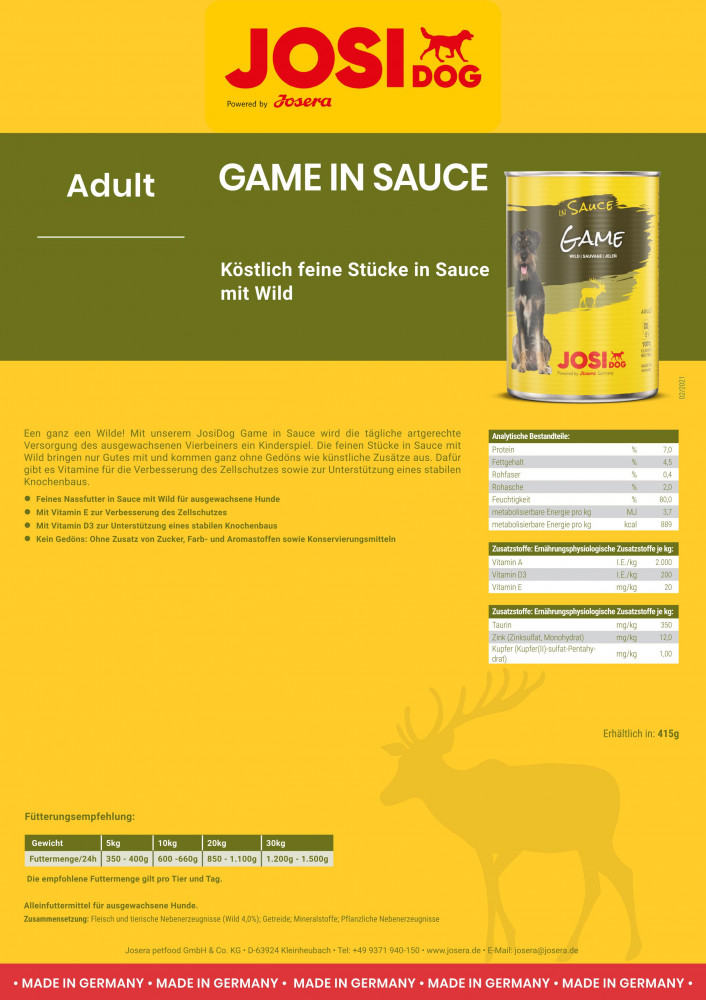 Josi Dog Wet Food - Game in Sause 415g – Petite