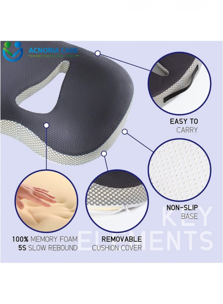 A comfortable, soft, open-center seat cushion made of memory foam for  orthopedic and pain relief and for hemorrhoid pain, used in the car,  office, and wheelchair - from Acnorea Care - acnoria