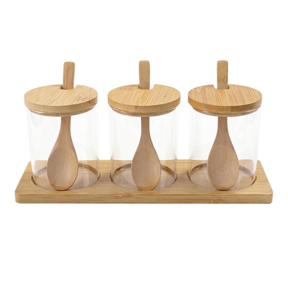 طقم علب بهارات زجاج بغطاء خشبي - 1 طقم × 3 حبات